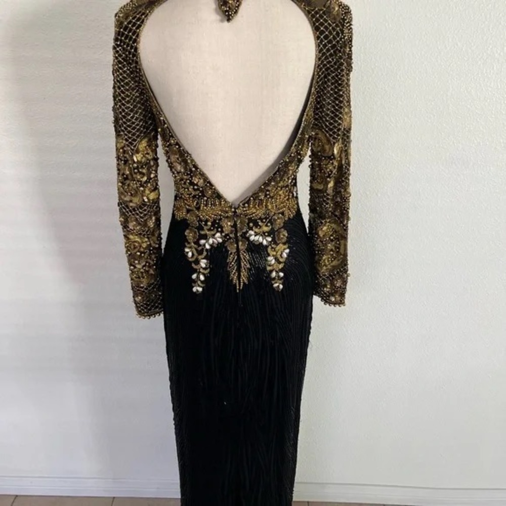 Naeem Khan Riazee Nights 80s X Open Back Slit Leg Pure Silk Long Sleeve Gown VTG - Picture 3 of 16